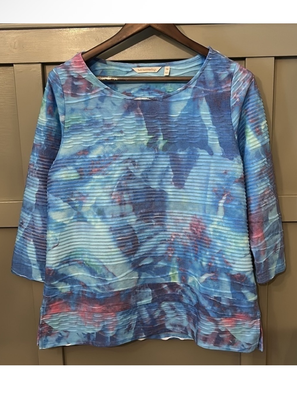 Soft Surroundings Celestial Blue Watercolor Tunic Textured Knit Sweater Size PM